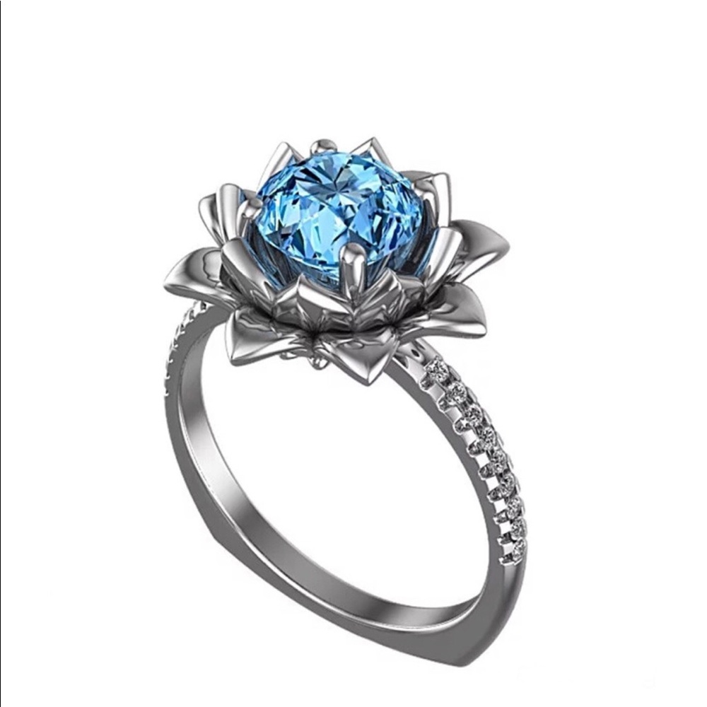 NEW! BLUE DIAMOND SOLITAIRE LOTUS FLOWER RING - Picture 3 of 5